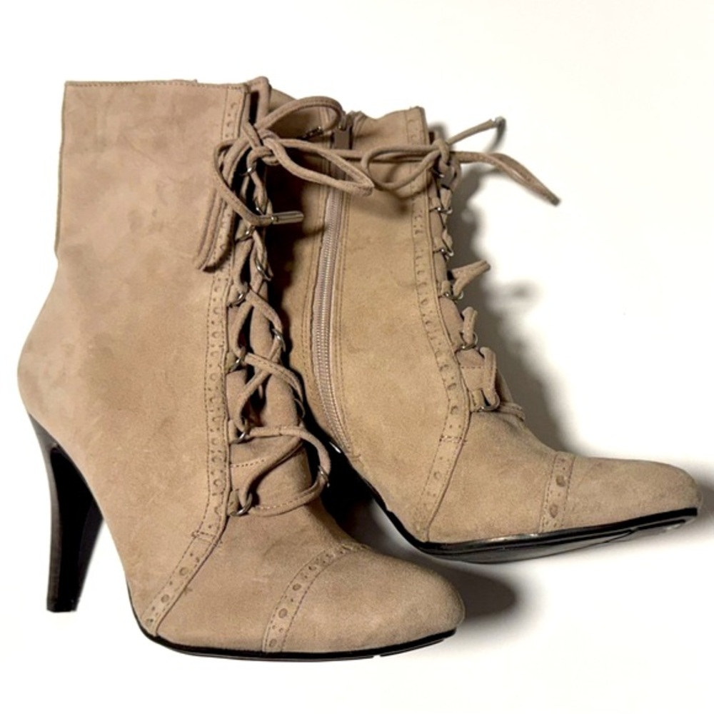 Marc Fischer Gray Taupe Light Brown Tan Lace Up Booties